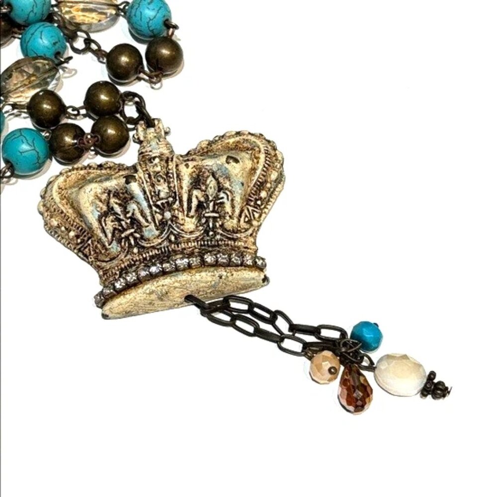 Shabby Chic Royal Crown Pendant Necklace 28" Chain + 5" Dangle Blue Cream Bronze